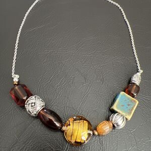 Vintage SAQ Silver Tone, Plastic Amber Beads 16” EUC